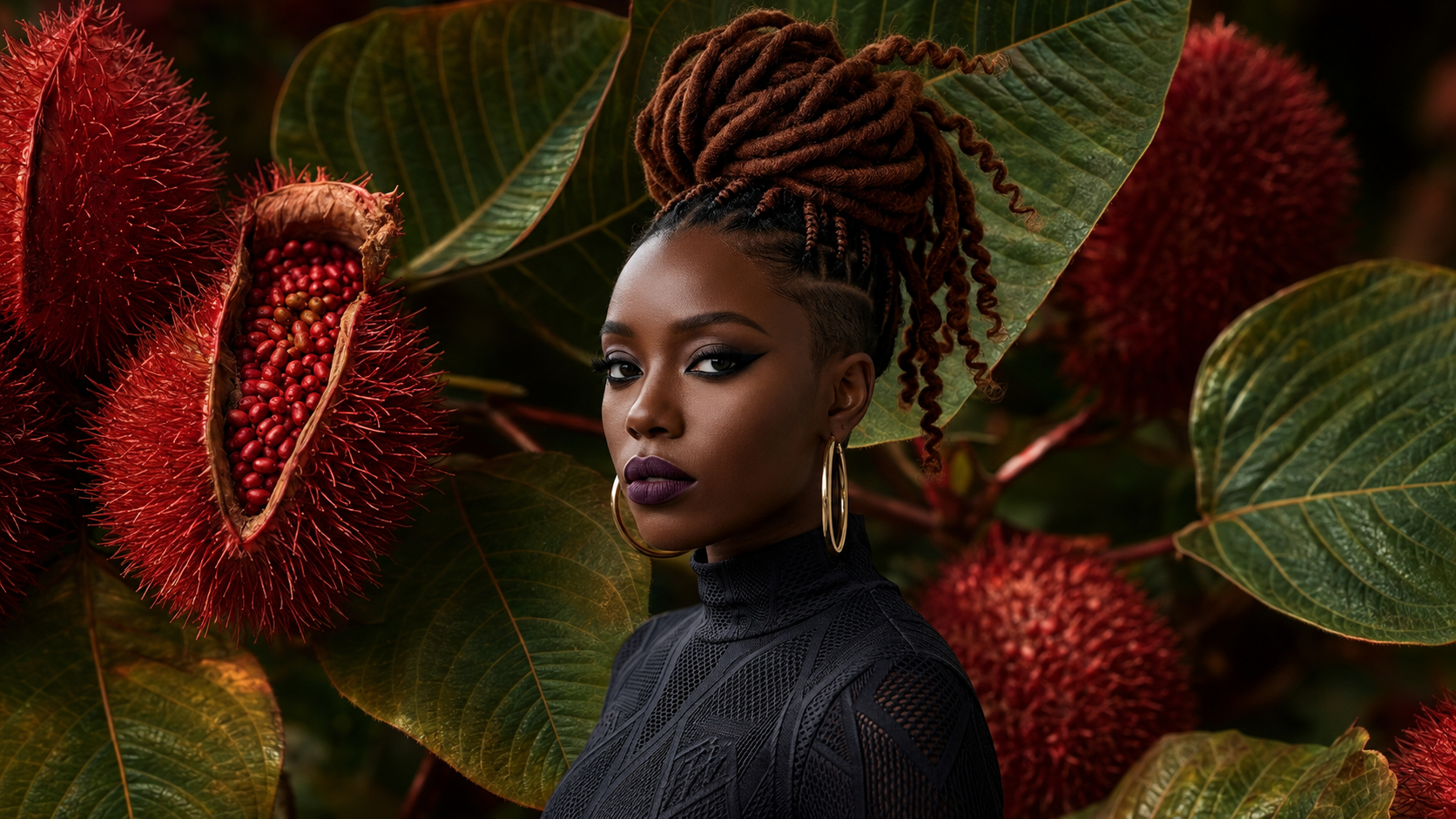 Bixa Beauty model wearing a deep plum Lip Whip amid achiote pods